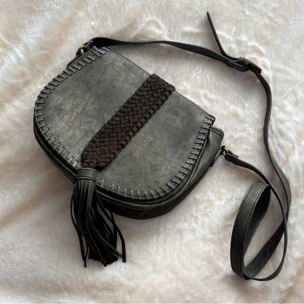 Boho Olive Leather Crossbody Bag with Fringe and Braided Detail